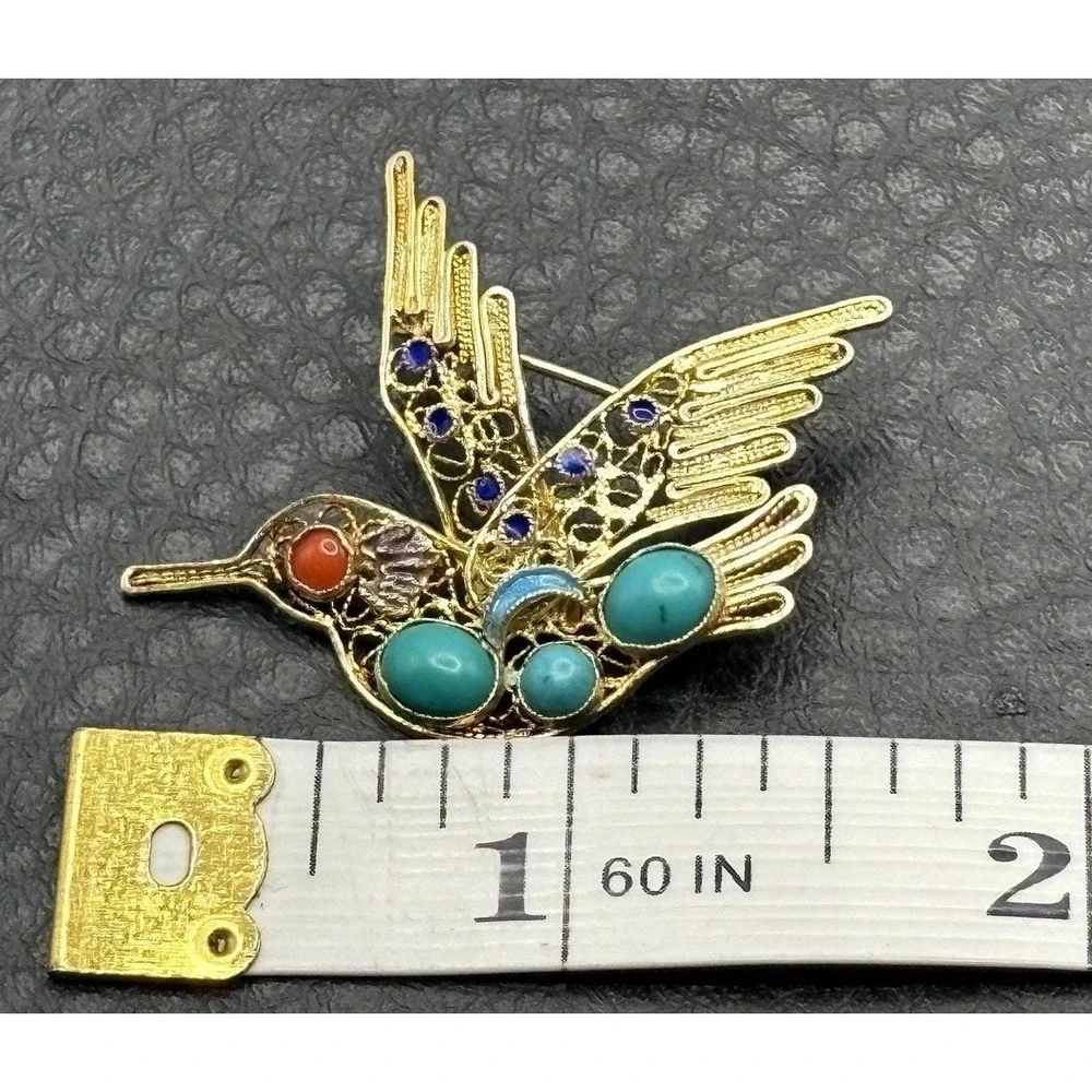 VTG Hummingbird Brooch Vermeil 925 Sterling Silver Turquoise Coral Blue Enamel